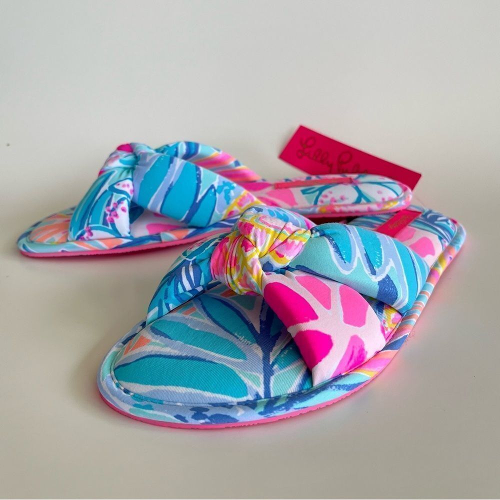 Lilly Pulitzer Pool Slippers Pink Sea Glass Aqua Rainforest Retreat S/M Size 7-8 - Picture 3 of 8